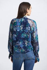 Aderyn Tapestry Print Tie Neck Blouse-Navy/Jade/Ecru