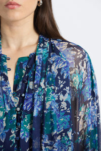 Aderyn Tapestry Print Tie Neck Blouse-Navy/Jade/Ecru