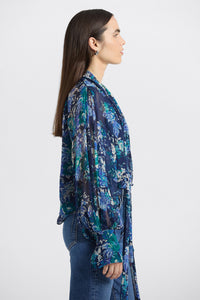 Aderyn Tapestry Print Tie Neck Blouse-Navy/Jade/Ecru
