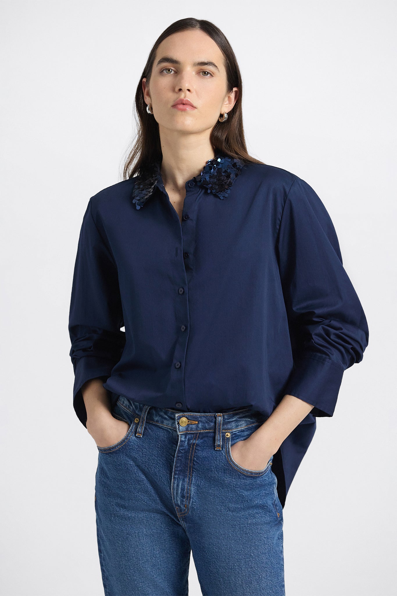 Derek Lam Alina Sequin Collar Shirt | Navy