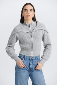 Jayne Layered Zip Front Sweater-Grey