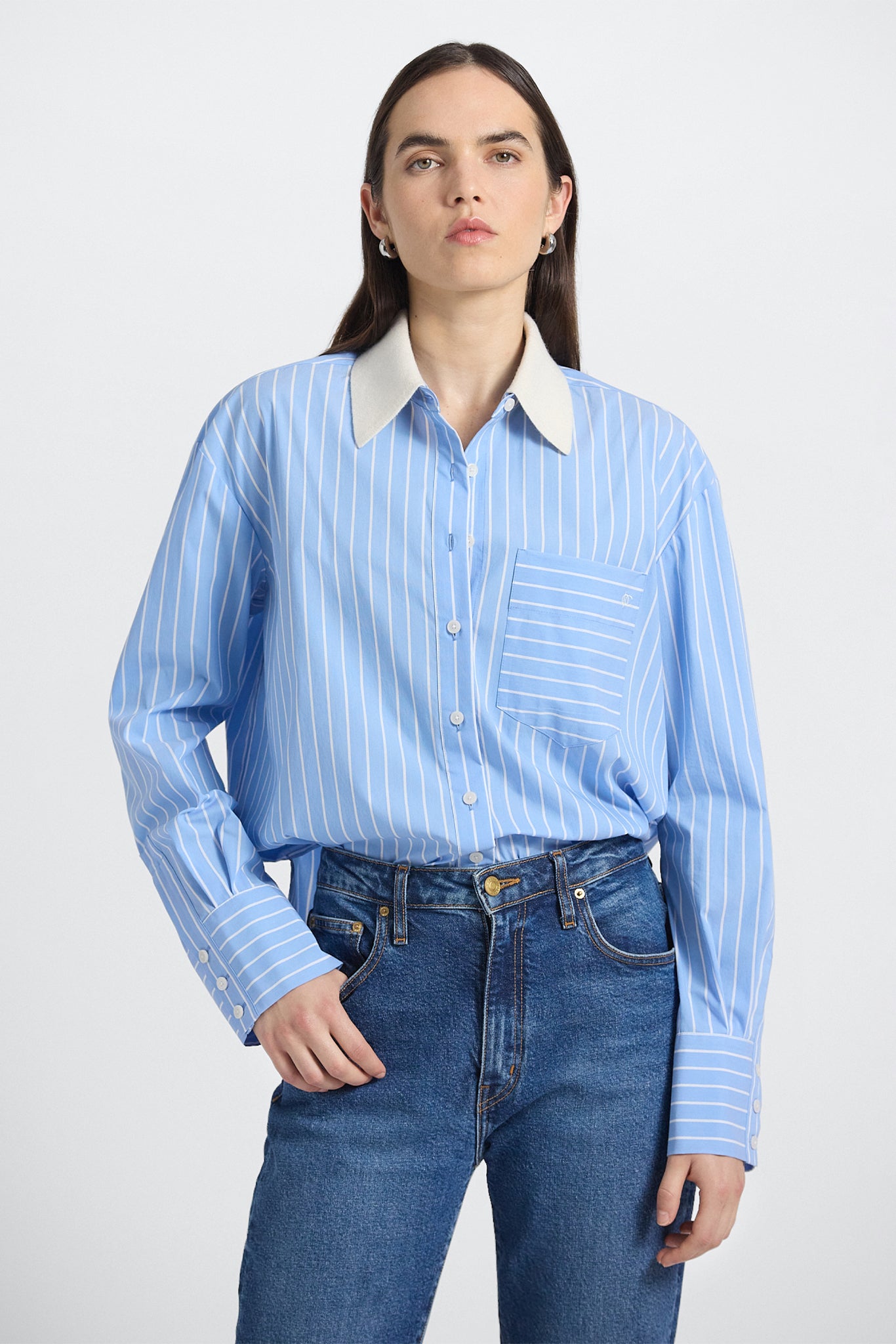 Coral Shirt With Removable Collar - Dk Ciel/White – Derek Lam