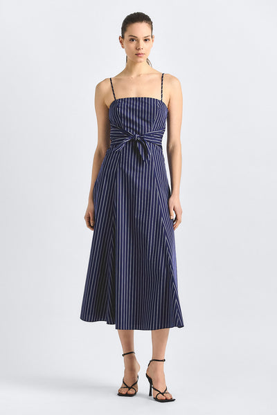 Zandra Tie Front Dress - Dark Navy Stripe – Derek Lam