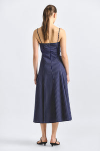 Zandra Tie Front Dress - Dark Navy Stripe