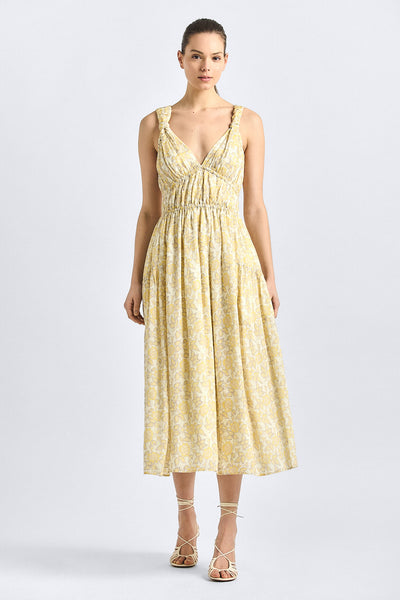argue belgium linenxcotton lady lon t3枚 Sorrel Midi Dress - Valiase Yellow Floral – Derek Lam