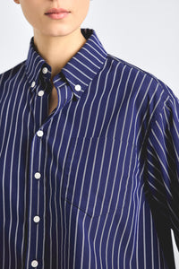 Ember Cropped Button Down Shirt - Dark Navy Stripe