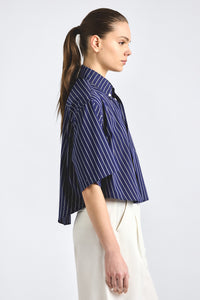 Ember Cropped Button Down Shirt - Dark Navy Stripe