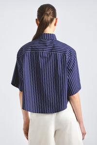 Ember Cropped Button Down Shirt - Dark Navy Stripe