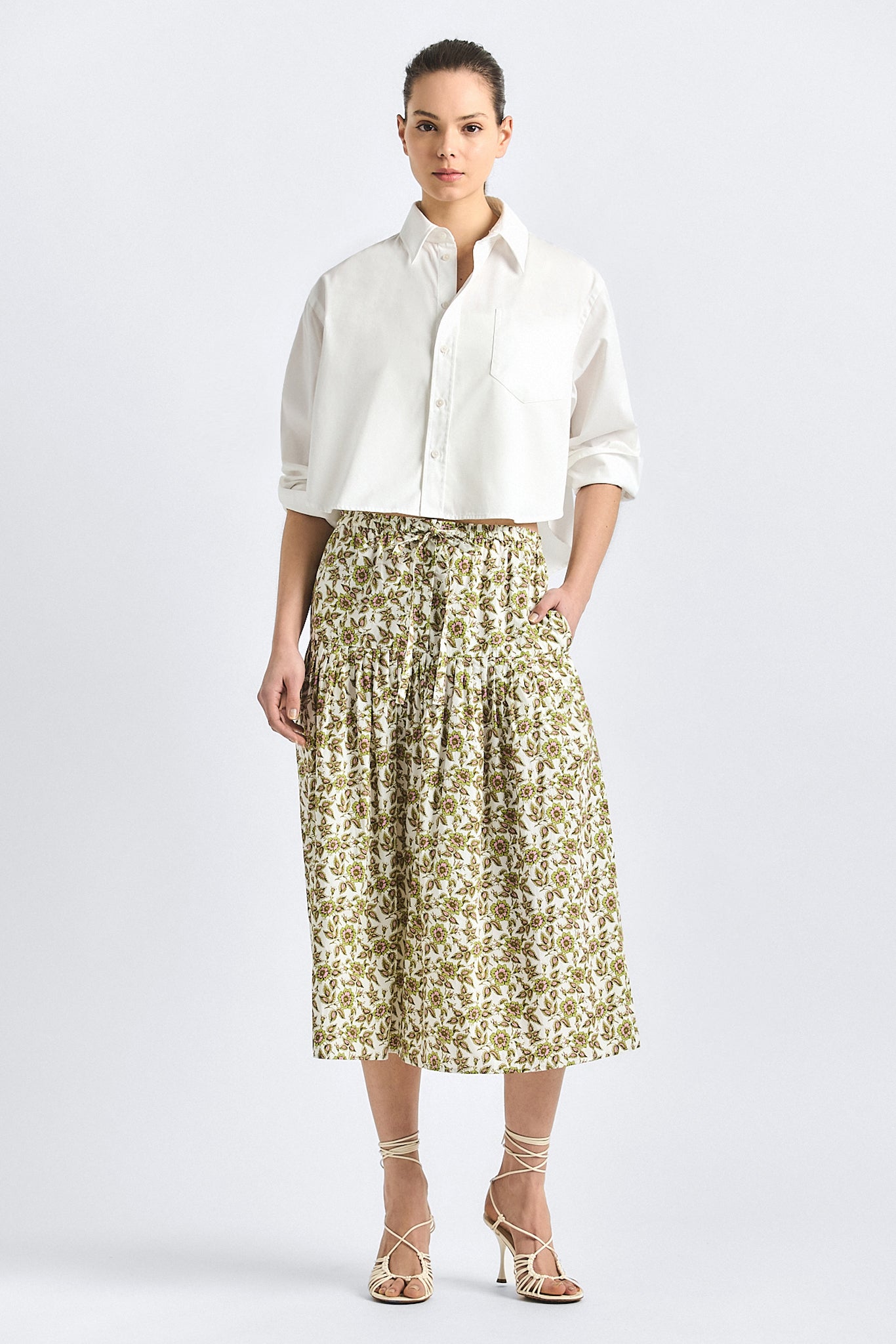 Beau Drop Waist Midi Skirt - Green/Pink Floral – Derek Lam
