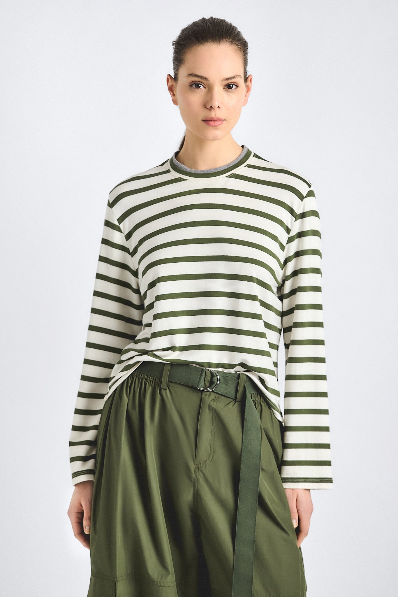 Myrtha Striped Crewneck Top - White/Fatigue Stripe – Derek Lam