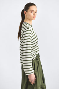 Myrtha Striped Crewneck Top - White/Fatigue Stripe
