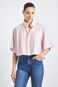 Ember Cropped Button Down Shirt - Pink Stripe