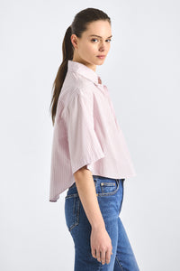 Ember Cropped Button Down Shirt - Pink Stripe