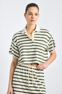 Indira Striped Cropped Rugby Top - White/Fatigue Stripe
