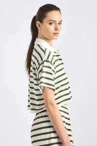 Indira Striped Cropped Rugby Top - White/Fatigue Stripe