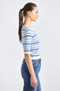 Andora Striped Boatneck Sweater - Cloud Blue Multi