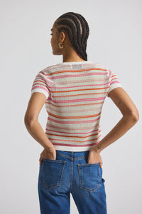 Rose/White Andy Corded Mesh Split Neck Short Sleeve Sweater | Women's Top by Derek Lam 10 Crosby