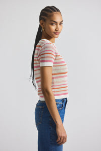 Rose/White Andy Corded Mesh Split Neck Short Sleeve Sweater | Women's Top by Derek Lam 10 Crosby