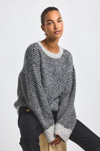 Ivory-Black Astrid Herringbone Knit Sweater | Women's Top by Derek Lam 10 Crosby