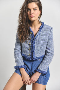 Indigo Multi Asuka Cropped Fringe Jacket | Women's Jackets by Derek Lam 10 Crosby