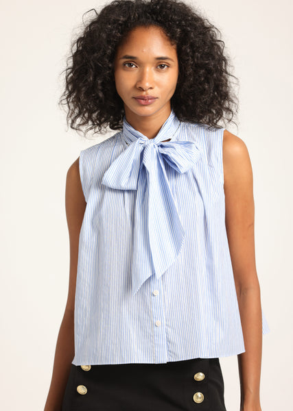 Aviana Lurex Stripe Voile Tie Neck Sleeveless Top - Blue Multi