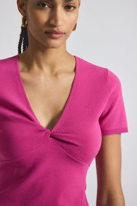 Raspberry Multi Belle Viscose Compact Knit Twist Front Sweater | Women's Top by Derek Lam 10 Crosby