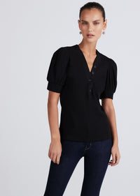 Black Heather V-Neck Puff Sleeve T-Shirt | Women's Top by Derek Lam 10 Crosby