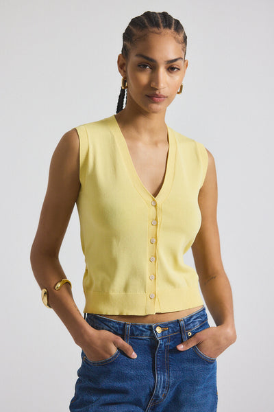 Brit Refined Sleeveless Cardigan With Tie in Buttercup | Derek Lam