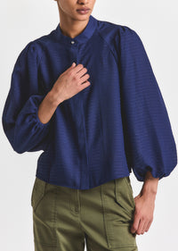 Sailor Navy Dianne Mini Grid Georgette Volume Sleeve Blouse | Women's Top by Derek Lam 10 Crosby