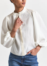 Soft White Dianne Mini Grid Georgette Volume Sleeve Blouse | Women's Top by Derek Lam 10 Crosby