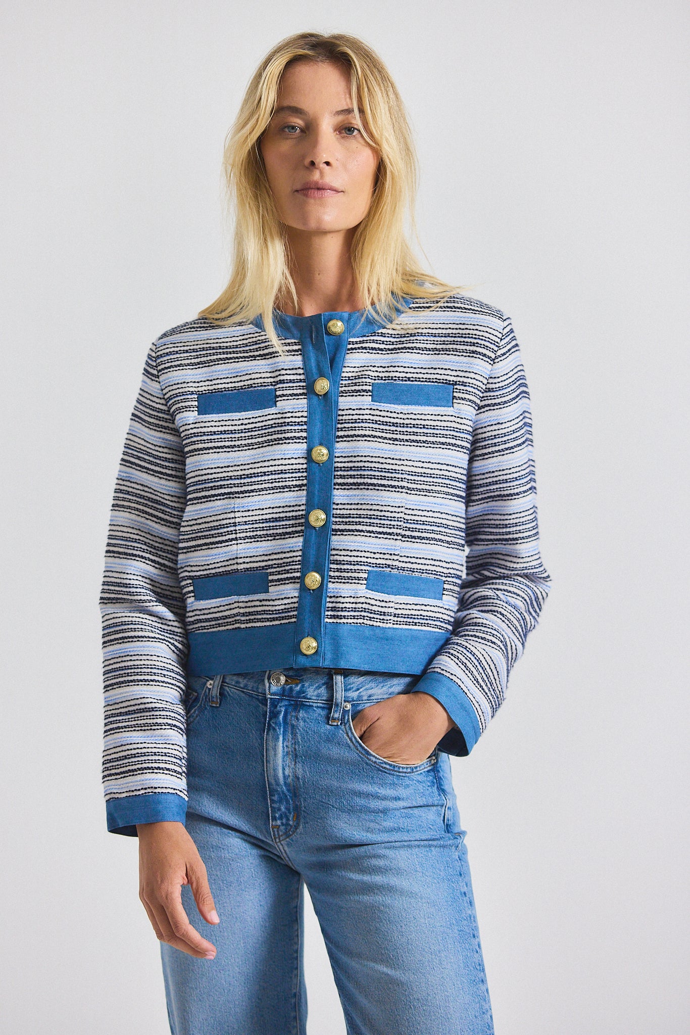 Elain Cotton Tweed Jacket With Denim Trim Blue-White