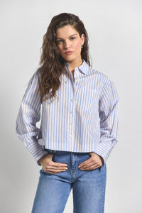 Blue Multi Estrella Striped Cropped Button Up | Women's Top by Derek Lam 10 Crosby