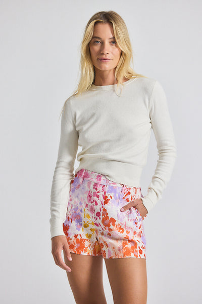 Freja Floral Printed Stretch Linen Flared Short - Rose Multi