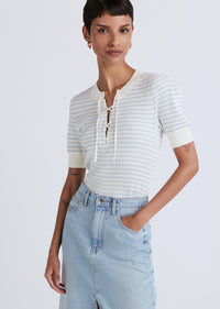 Eloise Lace-Up Henley Top - Ivory-Light Blue