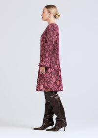 Burgundy Multi Katerina Pleated Long Sleeve Mini Dress | Women's Dress by Derek Lam 10 Crosby