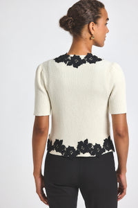 Blanc de Blanc-Black Maes Short Sleeve Cardigan With Lace Trim | Women's Top by Derek Lam 10 Crosby