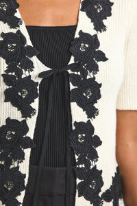 Blanc de Blanc-Black Maes Short Sleeve Cardigan With Lace Trim | Women's Top by Derek Lam 10 Crosby