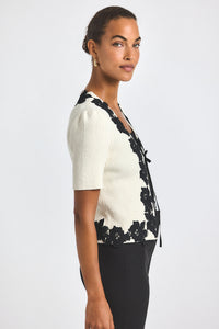 Blanc de Blanc-Black Maes Short Sleeve Cardigan With Lace Trim | Women's Top by Derek Lam 10 Crosby