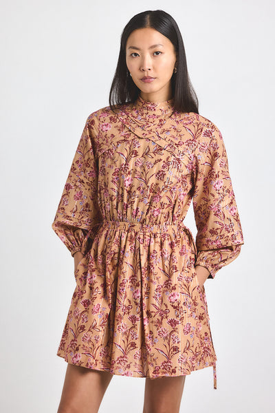 Marisol Lurex Stripe Printed Voile Mini Dress - Camel Multi