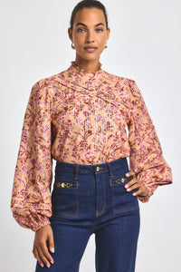 Camel Multi Marlowe Lurex Stripe Printed Voile Long Sleeve Blouse | Women's Top by Derek Lam 10 Crosby