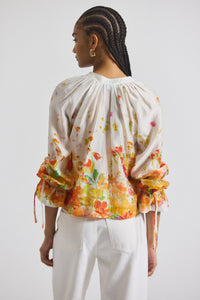 White/Papaya Multi Milon Organza V-Neck Blouse | Women's Top by Derek Lam 10 Crosby
