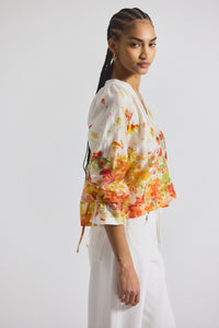 White/Papaya Multi Milon Organza V-Neck Blouse | Women's Top by Derek Lam 10 Crosby