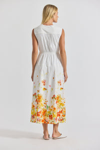 White/Papaya Multi Nara Border Print Cotton Poplin Cinch Waist Maxi Dress | Women's Dresses by Derek Lam 10 Crosby