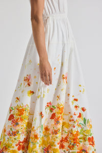 White/Papaya Multi Nara Border Print Cotton Poplin Cinch Waist Maxi Dress | Women's Dresses by Derek Lam 10 Crosby