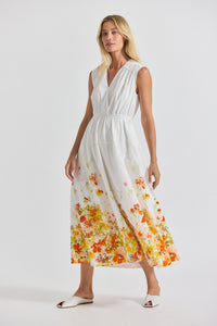White/Papaya Multi Nara Border Print Cotton Poplin Cinch Waist Maxi Dress | Women's Dresses by Derek Lam 10 Crosby