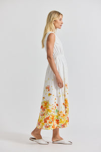 White/Papaya Multi Nara Border Print Cotton Poplin Cinch Waist Maxi Dress | Women's Dresses by Derek Lam 10 Crosby