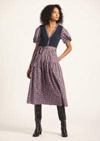 Navy-Dark Mocha Multi Floral Natalia Mixed Media Dress | Women's Dresses by Derek Lam 10 Crosby