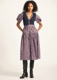 Navy-Dark Mocha Multi Floral Natalia Mixed Media Dress | Women's Dresses by Derek Lam 10 Crosby