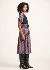 Navy-Dark Mocha Multi Floral Natalia Mixed Media Dress | Women's Dresses by Derek Lam 10 Crosby