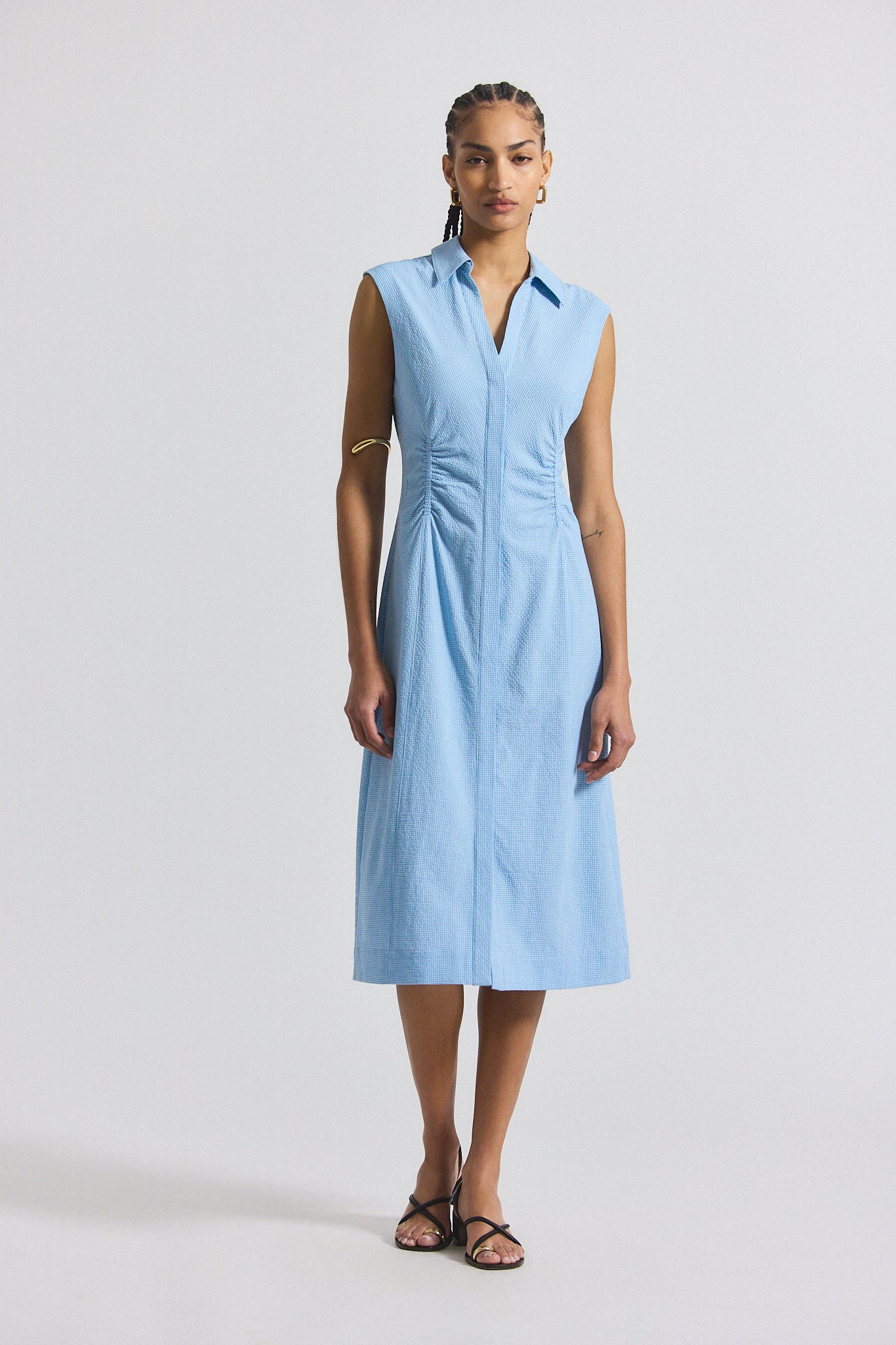 Nera Ruched Button Down Dress - Dusk Blue-White – Derek Lam